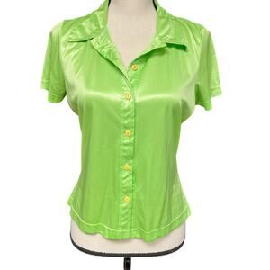 Vintage women's 90s 2000s LG lime acid green shiny button down short sleeve top